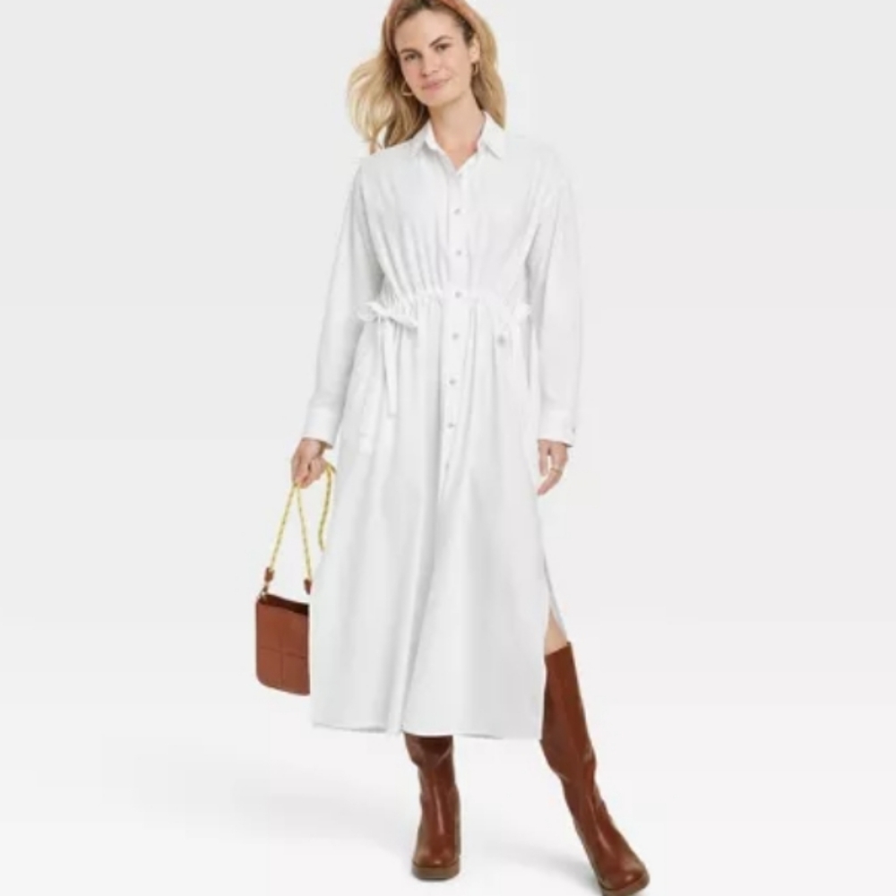 Women's Long Sleeve‎ Cinch Waist Maxi Cotton Shirtdress